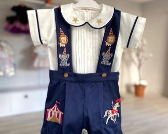 Personalized Circus Baby Boy Outfit Cape & Crown Set– First Birthday Carnival Ringmaster Set