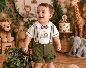Tenue Safari pour le 1er anniversaire d'un garçon, tenue d'anniversaire Sauvage avec cape et couronne
