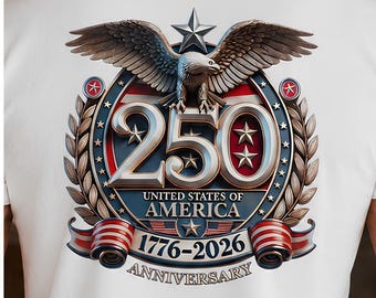 May include: A white t-shirt featuring the word FREEDOM on the front in a red, white, and blue flag pattern. The back displays a graphic with a bald eagle, the number 250, the text UNITED STATES OF AMERICA, and the years 1776-2026 ANNIVERSARY.