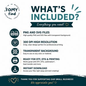 May include: An informational graphic titled WHAT'S INCLUDED? listing digital file features: PNG and SVG files, 300 DPI high resolution, transparent background, ready for DTF, DTG and printing, and instant download. Includes Fomy find logo.