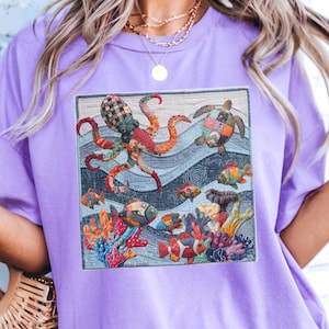 T-shirt med konstgjord lapptäcke och mönster av havsdjur, trendig t-shirt med marint liv, gåva för bläckfiskälskare, gåva för havsdjursälskare