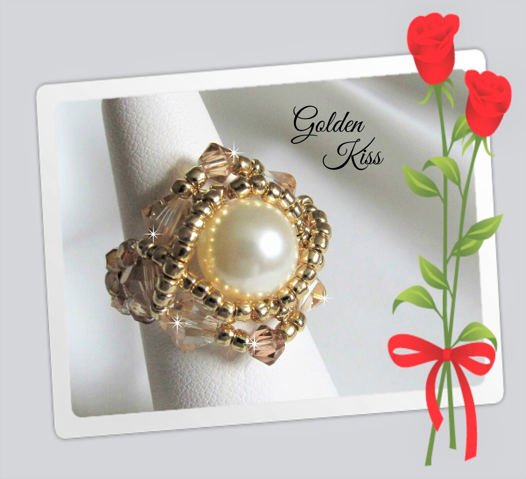 Gold Ring Stretch Beaded Crystal & Pearl Cocktail Ring Etsy