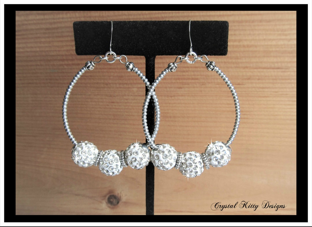 Shamballa Style Earrings - 10mm Crystal White, Genuine 925 Silver - Gift For Her
