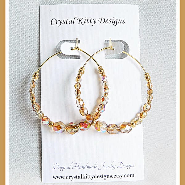 Gold Plated Hoop Earrings | Czech Fire Polish Celsian AB Beads | Memory Wire