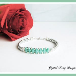Dainty Turquoise GemDuo Beaded Bracelet | Silver SuperDuo Band | Button Clasp