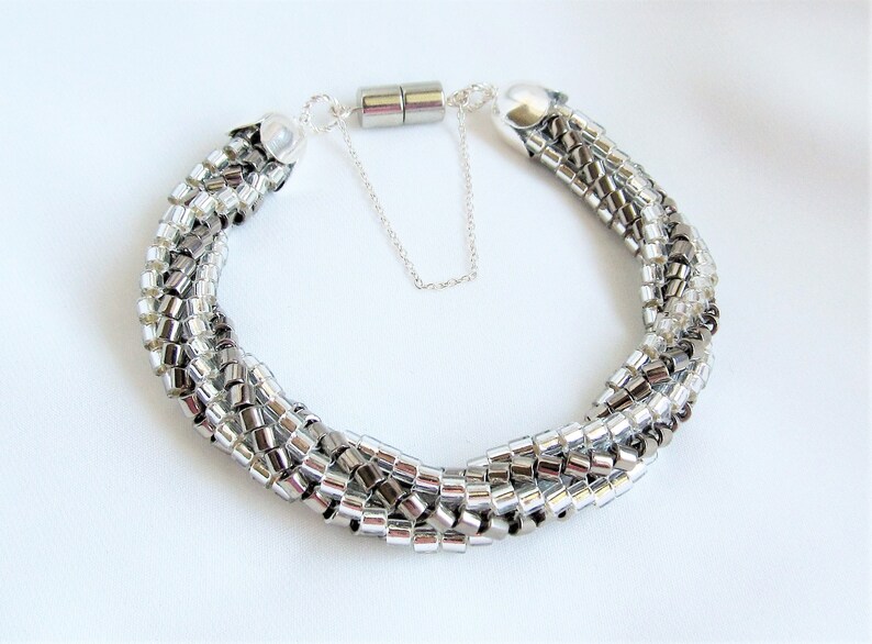 Silver Beaded Twisted Rope Bracelet / Magnetic Clasp - Etsy