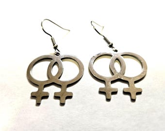 Lesbian earrings, lesbian pride, with double female symbol, double Venus, earrings or necklace or both, LGBTQ+ Pride