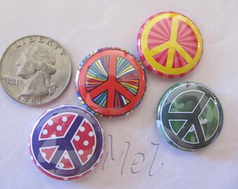 colorful peace signs 1 inch sets of pinback buttons, button magnets or flatback medallions