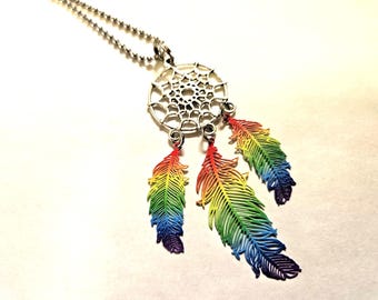 Dreamcatcher necklace or earrings, lesbian pride, dreamcatcher with rainbow feathers.