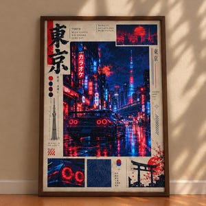 Op de afbeelding: Een ingelijste verticale poster met een nachtelijk straatbeeld van Tokio met een donkere sportwagen, neonverlichting en een hoge toren. Het ontwerp bevat Japanse tekst, een close-up van rode ronde achterlichten, een topografische kaart en een torii.