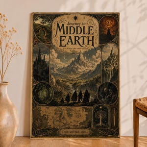 Puede incluir: Un póster de pared rectangular titulado Journey to Middle Earth que presenta un paisaje montañoso central, un grupo de viajeros y pequeñas viñetas circulares que representan varias escenas de fantasía, un mapa, un árbol y una espada con el texto There and back again.