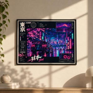 Op de afbeelding: Een ingelijste wandkunstprint met een donkere sportwagen in een neonverlichte straat in Tokio bij nacht. De afbeelding bevat roze kersenbloesems, Japanse tekst en technische autodiagrammen. Het kleurenpalet wordt gedomineerd door levendig roze, blauw en zwart.