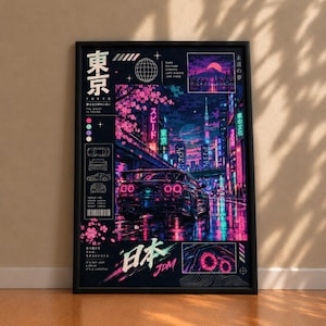 Op de afbeelding: Een ingelijste verticale poster met een donker, neonverlicht straatbeeld van Tokio in de nacht met een sportwagen op de voorgrond. Het kunstwerk bevat Japanse tekst, kersenbloesems, technische autodiagrammen en levendige roze en blauwe accenten.