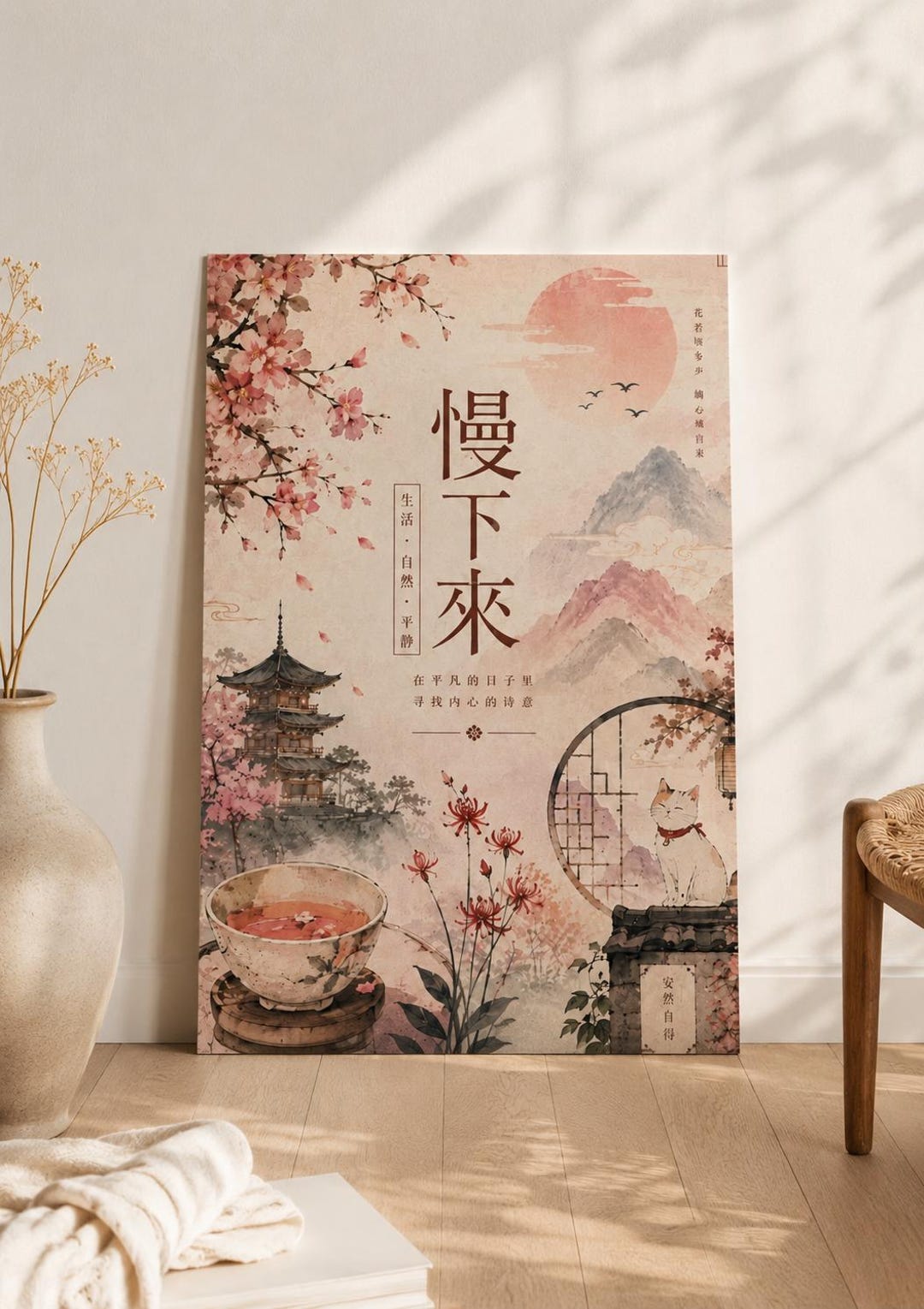 Japanese Cherry Blossom Art Print | Watercolor Asian Landscape Poster ...
