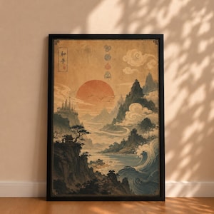 Puede incluir: Una lámina de arte enmarcada con una ilustración de paisaje que muestra un gran sol naranja, montañas escarpadas, nubes arremolinadas y olas rompiendo. La obra incluye cuatro símbolos elementales apilados verticalmente y caracteres chinos para la paz.