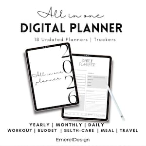 May include: Digital planner with the text "All in one DIGITAL PLANNER" and "2026". The image shows two tablets with planner pages, including yearly, monthly, and daily layouts. Additional trackers for workout, budget, self-care, meal, and travel are also included.