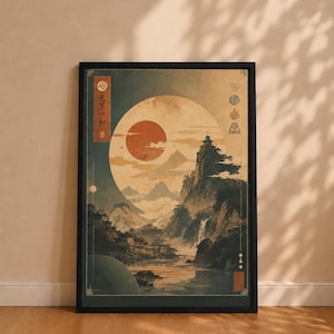 Peut inclure: Une impression d'art verticale encadrée représentant un paysage avec une grande lune pâle et un soleil rouge. La scène comprend des montagnes, une cascade, une pagode sur une falaise et une rivière. Le texte vertical indique 天下一和, avec quatre symboles élémentaires sur le côté droit.