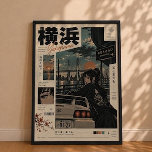 Puede incluir: Un póster enmarcado con una ilustración estilizada de una persona apoyada contra un coche blanco con un puente y un horizonte urbano de fondo. El diseño incluye texto en japonés, la palabra Yokohama y varios elementos gráficos.