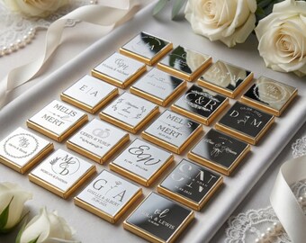 50 Stück Hochzeitsspiegel Schokolade, personalisierte Silber Goldfolie Plexiglas Hochzeitsgeschenk, Schokoladengeschenke für Gäste, Gastgeschenke, individuelles Geschenk