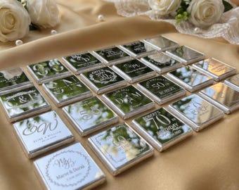 50 Stück Hochzeitsspiegel Schokolade, personalisierte Silber Goldfolie Plexiglas Hochzeitsgeschenk, Schokoladengeschenke für Gäste, Gastgeschenke, individuelles Geschenk