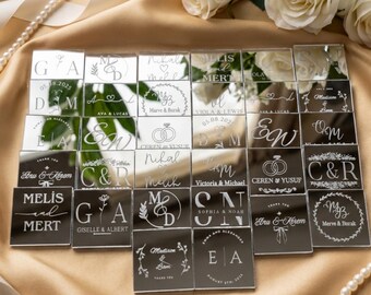 50 Stück Hochzeitsspiegel Schokolade, personalisierte Silber Goldfolie Plexiglas Hochzeitsgeschenk, Schokoladengeschenke für Gäste, Gastgeschenke, individuelles Geschenk
