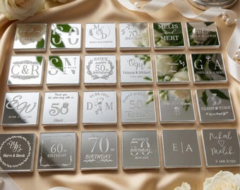 50 Stück Hochzeitsspiegel Schokolade, personalisierte Silber Goldfolie Plexiglas Hochzeitsgeschenk, Schokoladengeschenke für Gäste, Gastgeschenke, individuelles Geschenk