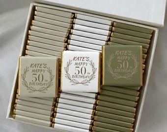 50 Stück Schokoladenbevorzugungen, Geschenk für sie ihn, kundenspezifische Schokolade, 21. 30. 40. 50. Geburtstag, personalisierte Geburtstags-Meilensteinparty