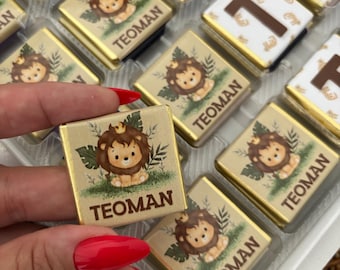 Personalized Safari Chocolate Favors, Lion Baby Shower Treats, Milk Chocolate Guests