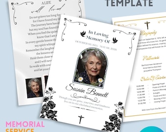May include: A memorial service template with a photo of a woman, floral accents, and the text "In Loving Memory Of." The template includes space for a biography, order of service, and pallbearers. The words "Memorial Service Template" are also visible.