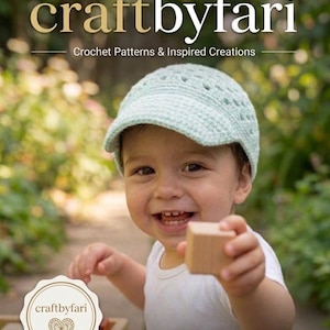 May include: A light mint green crocheted cap with a textured pattern and a short brim. The image features the text craftbyfari Crochet Patterns & Inspired Creations at the top and a logo with a heart icon and the text craftbyfari at the bottom.