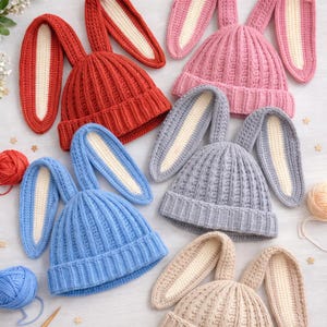 May include: Several knitted bunny hats in shades of red, pink, blue, grey, and beige. Each hat has long, upright ears with a contrasting white interior. The hats are displayed on a light-coloured surface.