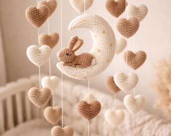 Baby Mobile Crochet Pattern PDF – Baby Shower Gift – Instant Download – Amigurumi Heart & Moon Mobile with Rabbit – Nursery Decor DIY