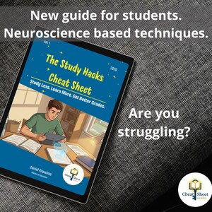 May include: A tablet shows "The Study Hacks Cheat Sheet" with a student illustration. Text includes "New guide for students. Neuroscience based techniques." and "Are you struggling?" The Cheat Sheet logo is in the bottom right corner.