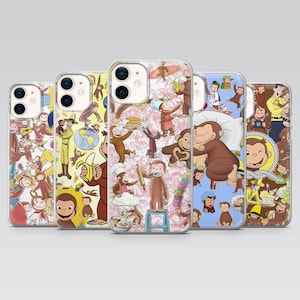 May include: A collection of five phone cases featuring colorful illustrations of a curious monkey in various playful scenes. The cases showcase a variety of backgrounds and designs, perfect for fans of the character.