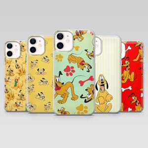May include: Five phone cases with a cartoon dog design. Each case has a different background colour, including yellow, green, and red, with repeating patterns of the dog, bones, and paw prints. The cases are made of clear plastic.