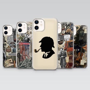 May include: Several phone cases with diverse designs are displayed. One case has a black silhouette of a man with a pipe, while others feature vintage newspaper clippings and illustrations. The cases are arranged in a row, showcasing different styles.
