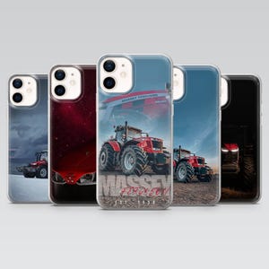 May include: A collection of five phone cases featuring images of red Massey Ferguson tractors. The central case displays a tractor with the text "MASSEY FERGUSON" and "EST. 1958". The cases showcase different tractor scenes against various backgrounds.
