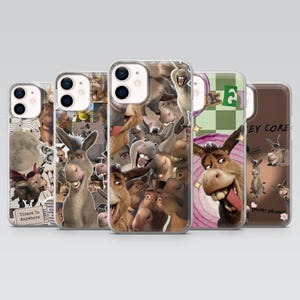 May include: Five phone cases showcasing Donkey from Shrek. The cases feature a collage of Donkey's face and other characters, with a variety of colours and designs. The cases are designed to fit a range of phone models.
