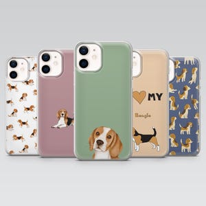 May include: A collection of five phone cases featuring beagle dog designs. The cases showcase various beagle illustrations, including a repeating pattern, a portrait, and the phrase "I love my Beagle". The cases have a clear, green, pink, and tan background.
