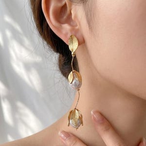 Gold Leaf Pearl Bridal Earrings, Lily of the Valley Drop Earrings, Floral Wedding Jewelry, Long Dangle Pearl Tassel Earrings, Gift for Her