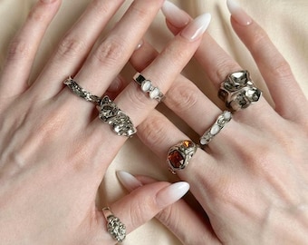 7 Pcs Molten Metal Ring Set, Liquid Stackable Rings, Chunky Statement Ring, Vintage Opal Stone Rings, Gift for Her