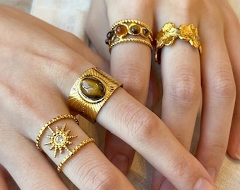 4 Pcs Gold Stacking Ring Set, Boho Tigers Eye Ring, Celestial Sun Ring, Vintage Flower Ring, Statement Gold Band, Waterproof Stackable Rings