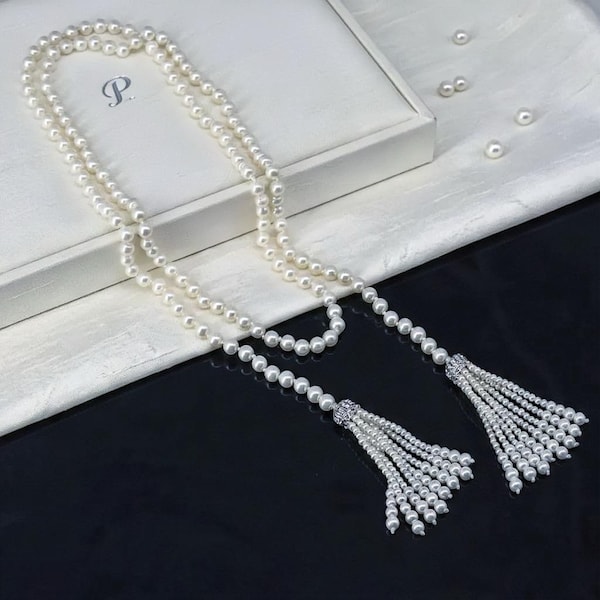 Collier classique à pampilles de perles, long collier de perles lariat, collier de mariage, collier clapet lariat de perles, cadeau pour mère, bijoux de mariée