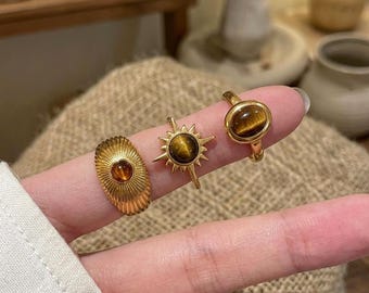 3 PCS Celestial Tiger’s Eye Ring Set, Gold Sunburst Statement Ring,Witchy Resign Aesthetic  Band,Gothic Boho Ring,Victorian Style Jewelry