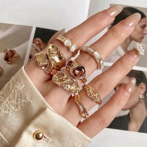 7 Pcs Chunky Gold Stacking Rings, Vintage Stacking Rings Set, Boho Gemstone Liquid Metal Ring Set, French Vintage Style Stacking Rings