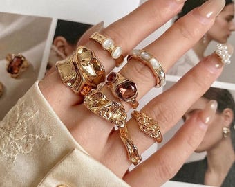 Conjunto de 7 Anéis Empilháveis Grossos Dourados, Estilo Vintage, com Pedras Preciosas e Metal Líquido, Estilo Boho, Estilo Francês Vintage.