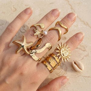 6 Pcs Gold Celestial Ocean Ring Set, Boho Sun Adjustable Ring, Starfish Pearl Shell Rings, Hammered Stacking Rings,Beach Theme Ring Set