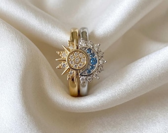 Sun and Moon Couple Rings Set, Adjustable Stacking Rings, 14k Gold Plated Stackable Rings, Dainty Celestial necklace Set, Friendship Gift