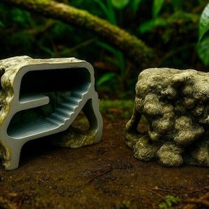 Peut inclure: Deux structures décoratives en forme de rocher. L'une a un intérieur creux avec un motif d'escalier, et l'autre est une formation rocheuse solide et texturée. Les deux sont dans des tons de vert et de gris, sur un fond naturel.