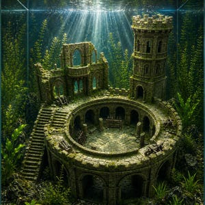 May include: A stone castle ruin aquarium ornament featuring a circular courtyard, a tall tower, and arched windows. The structure is covered in moss-like textures and is submerged in water with aquatic plants and light rays filtering from above.